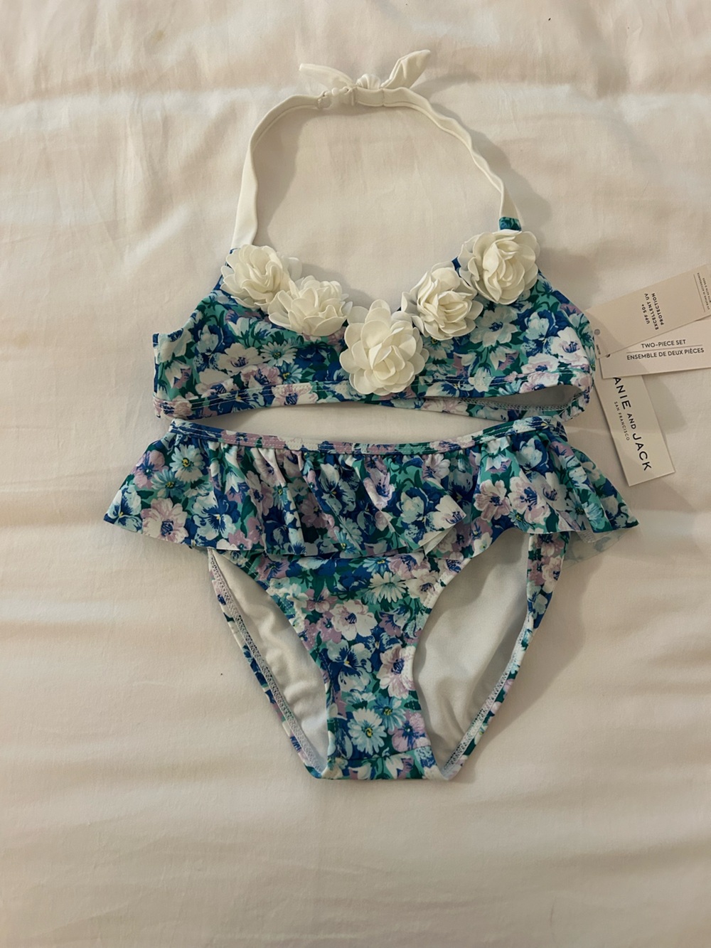 Janie and Jack Blue Floral Two-Piece Bikini with White Flower Trim